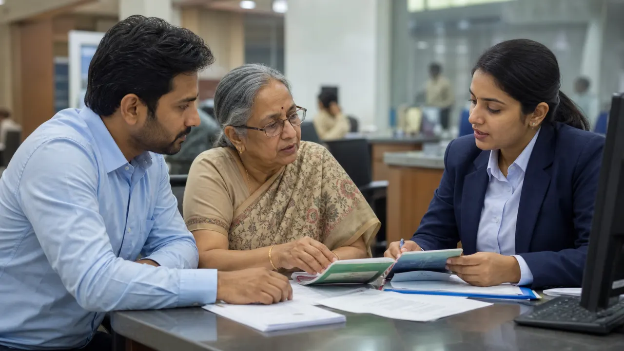Senior Indian customer and her adult son discussing an old bank deposit claim with a bank employee