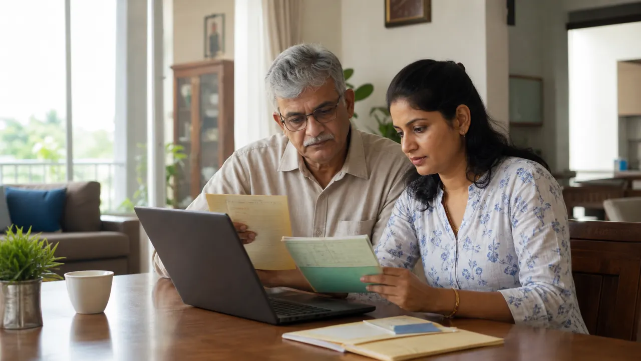 Indian woman and her senior father reviewing old bank passbooks and deposit papers while using the RBI UDGAM portal on a laptop