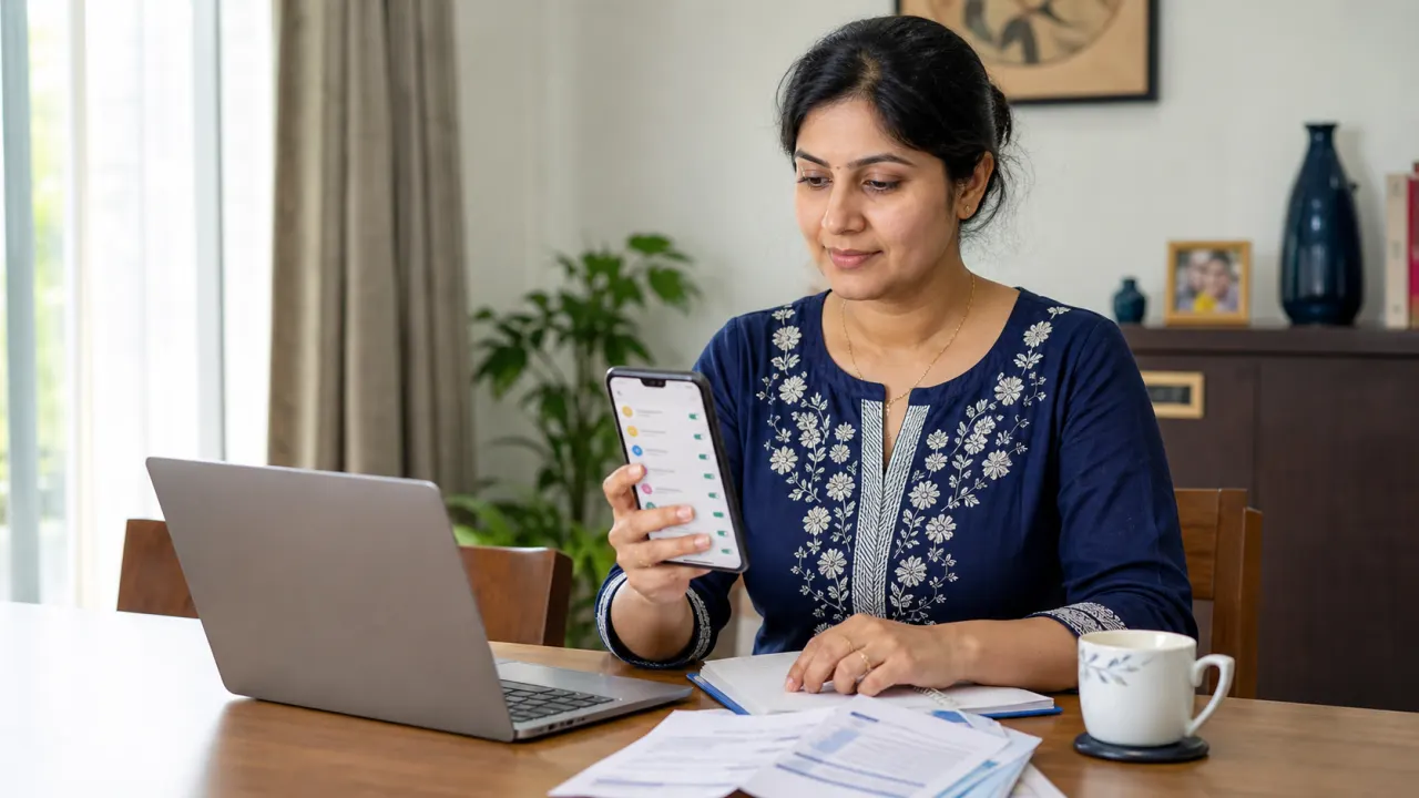Indian salaried woman reviewing UPI AutoPay mandates on her phone beside a laptop and household bills