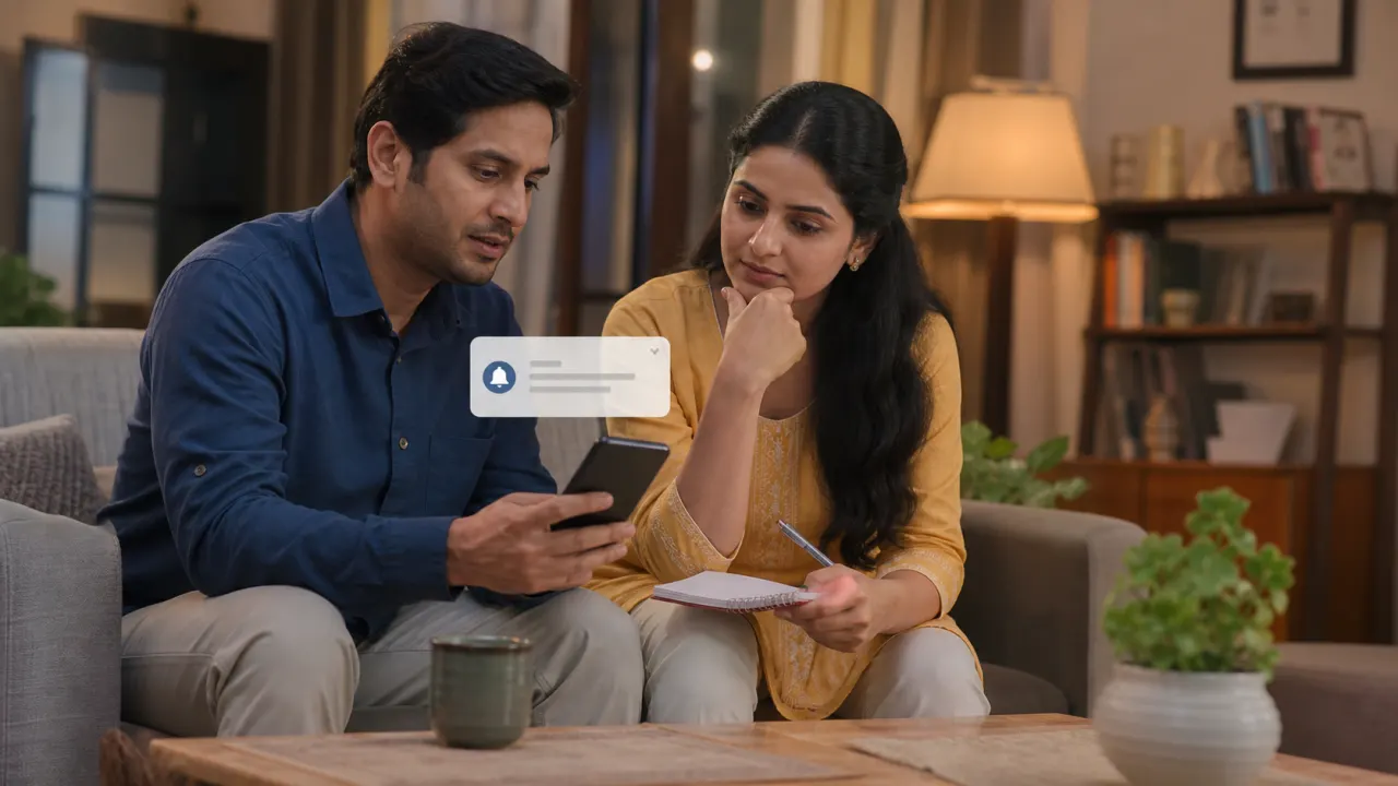 Indian couple reviewing a recurring UPI payment alert and household subscription list together