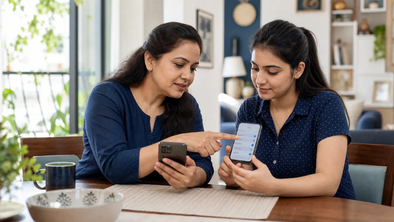 Indian mother and college-age daughter setting up UPI Circle payment permissions on their phones
