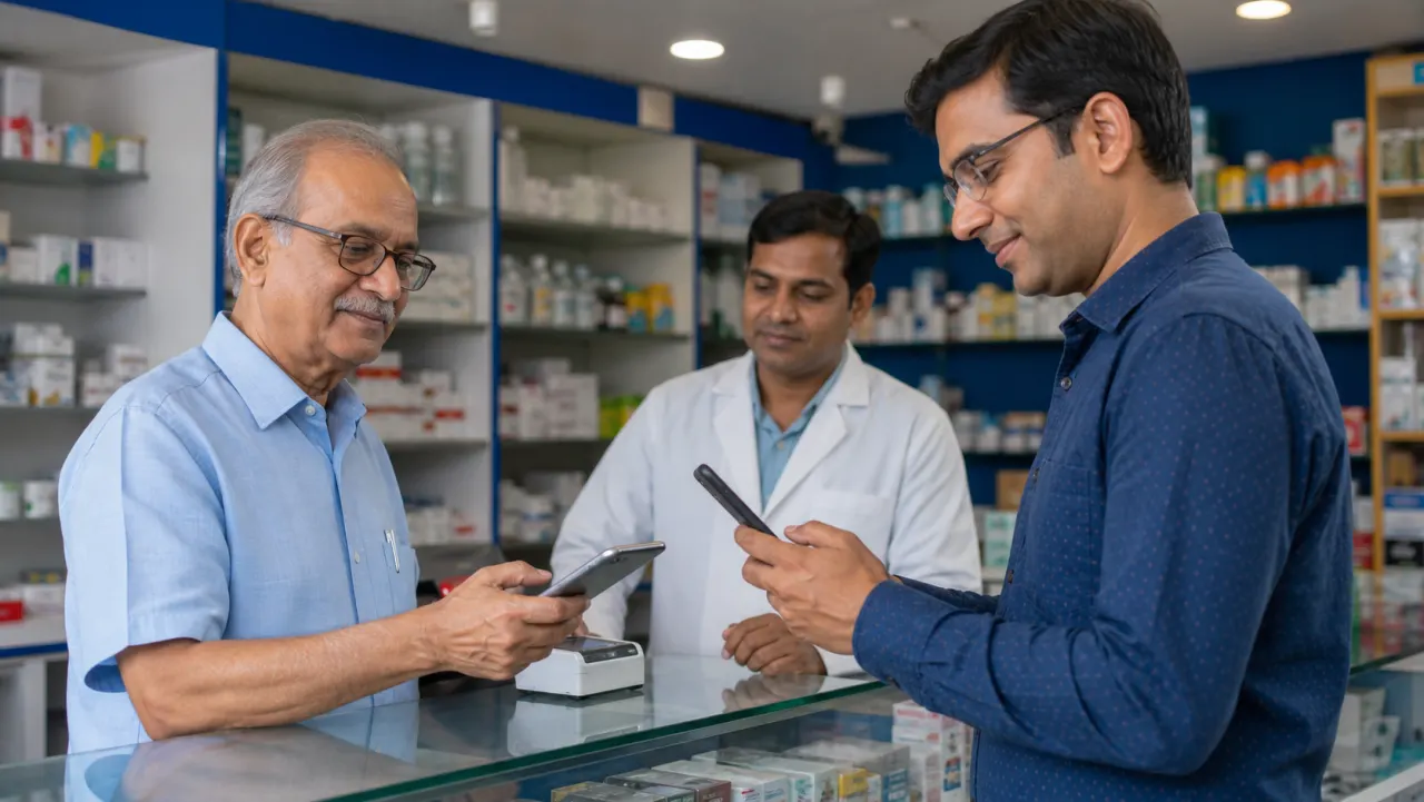 Indian senior citizen making a delegated UPI payment at a pharmacy while his son monitors the transaction