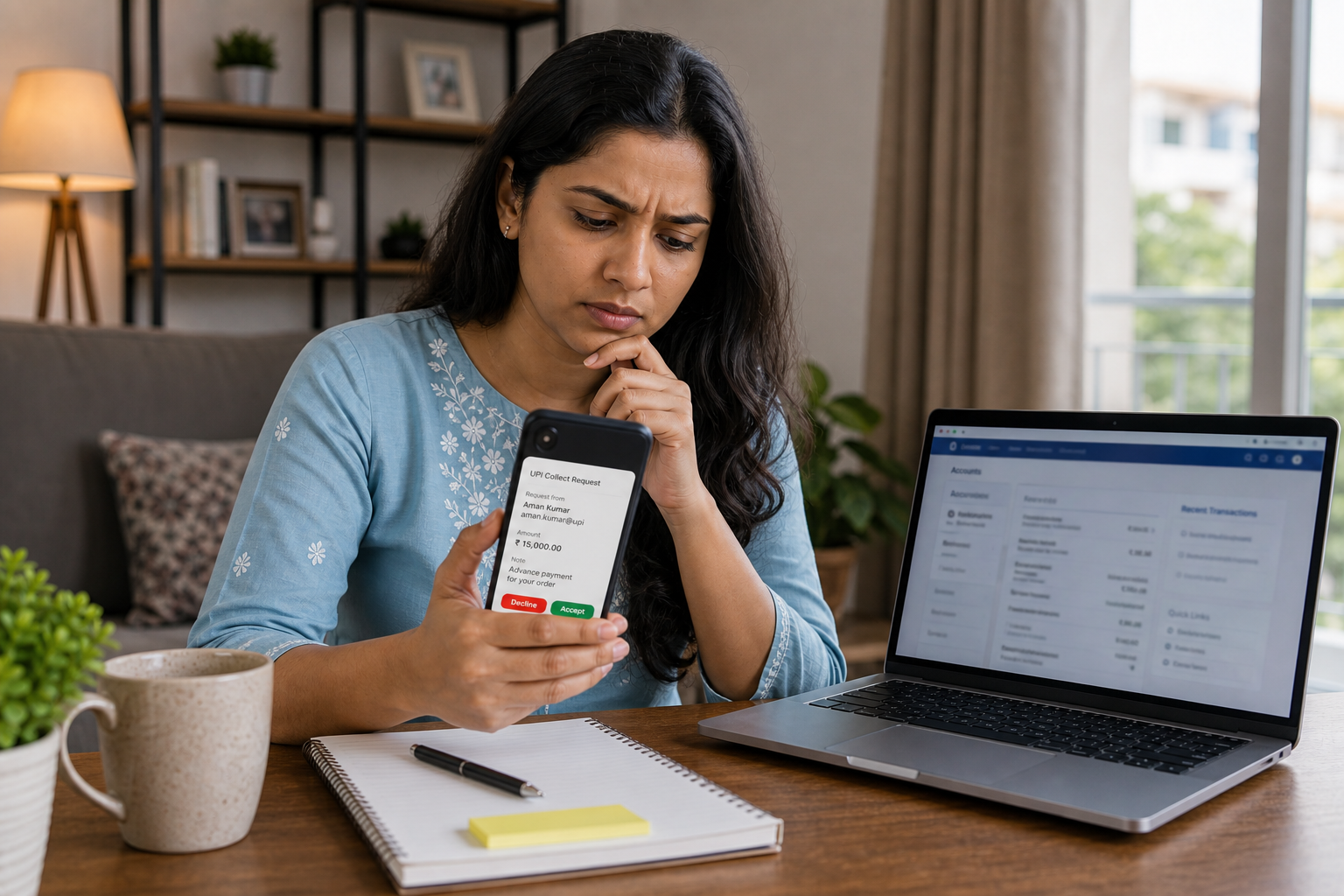 Indian mobile user checking a suspicious UPI payment request and warning signs on phone screen