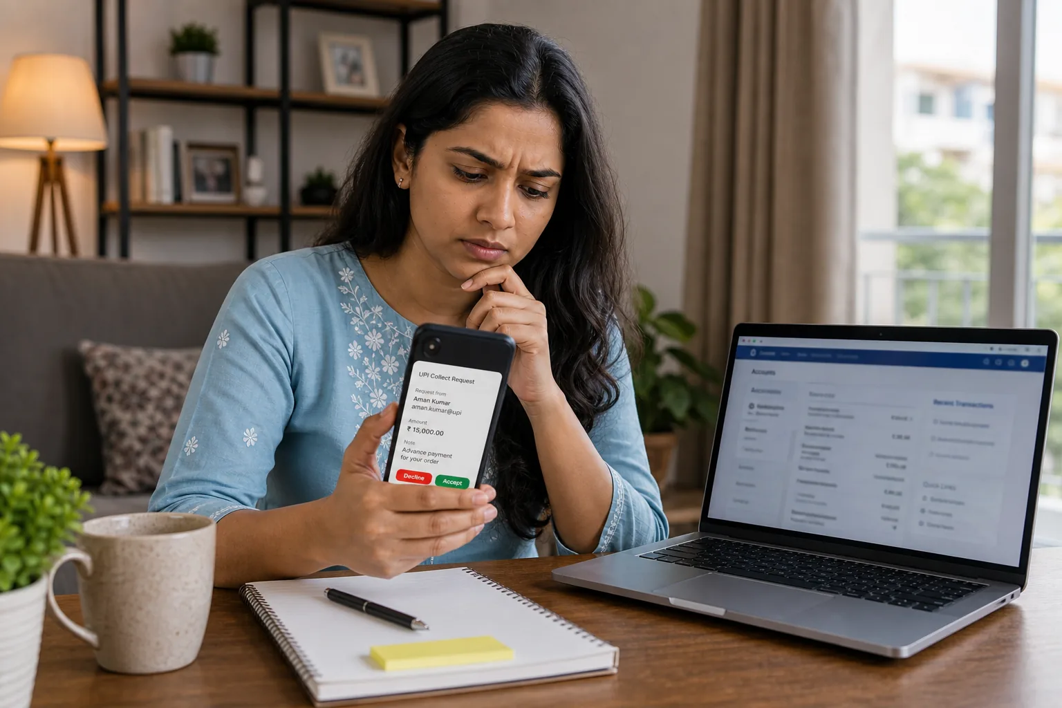 Indian mobile user checking a suspicious UPI payment request and warning signs on phone screen