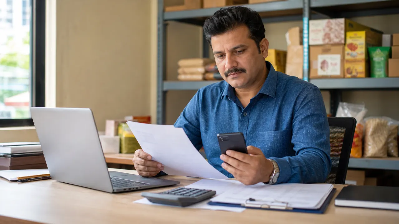 Indian small-business owner checking beneficiary details before choosing IMPS, NEFT or RTGS for a supplier payment