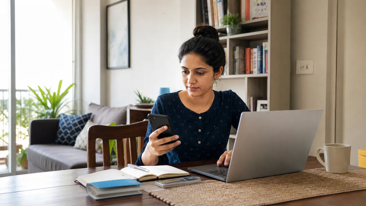 Indian salaried woman comparing UPI, IMPS, NEFT and RTGS transfer options using her phone and laptop at home