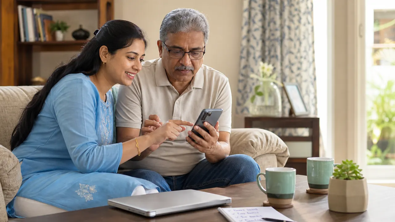 Indian daughter helping her senior father understand safe UPI PIN reset steps at home