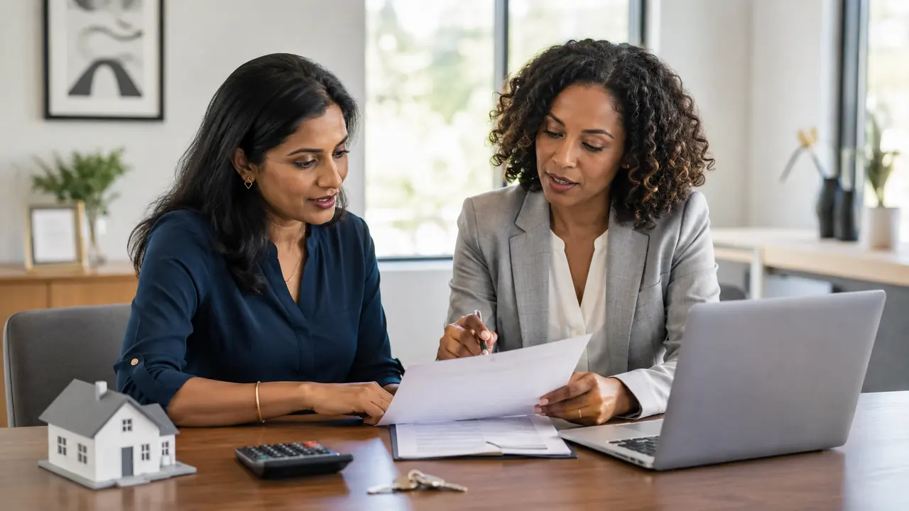 Indian international home buyer reviewing US closing costs with a mortgage adviser