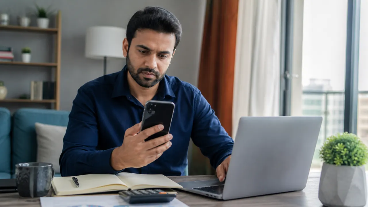 Indian salaried professional checking a mistaken UPI transfer on his phone and laptop at home