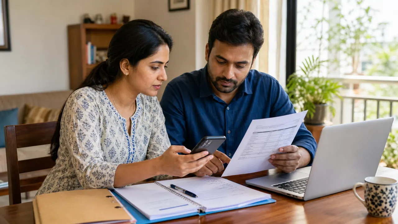 Indian couple checking a transaction reference and bank statement while preparing a mistaken transfer complaint
