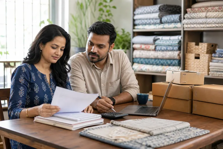 Indian small business owner reviewing invoice amounts and GST calculation