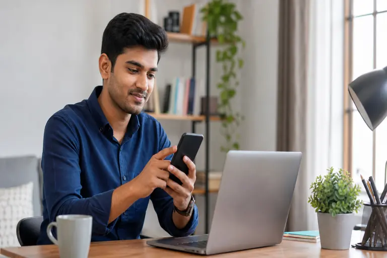 Indian saver reviewing a regular monthly savings plan on a laptop