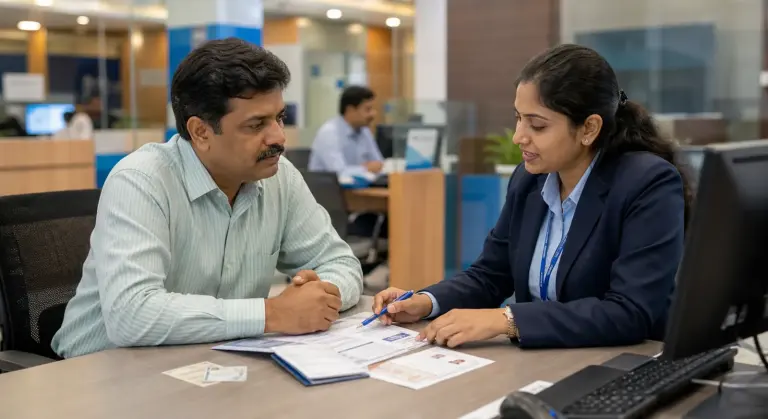 Indian customer discussing banking services at a bank branch