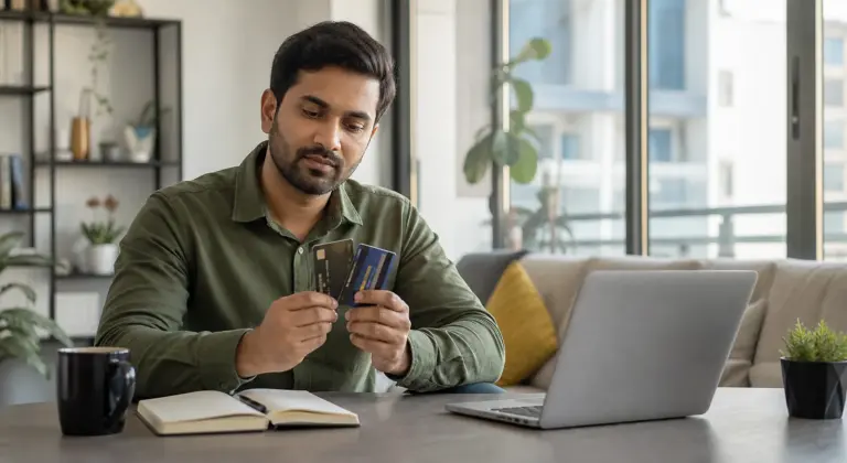 Indian professional comparing credit cards at home