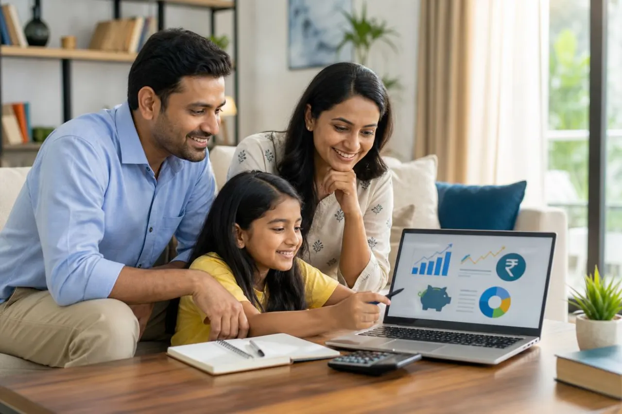 Happy Indian family learning about money and banking