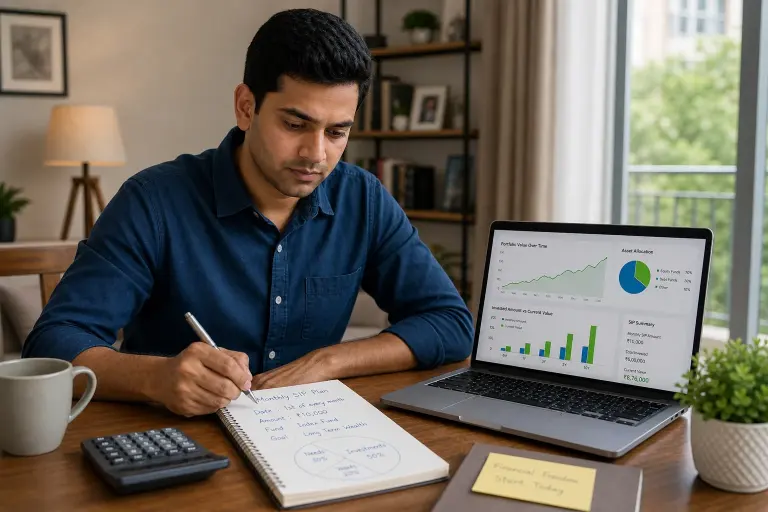 Indian investor planning a SIP using a laptop and calculator