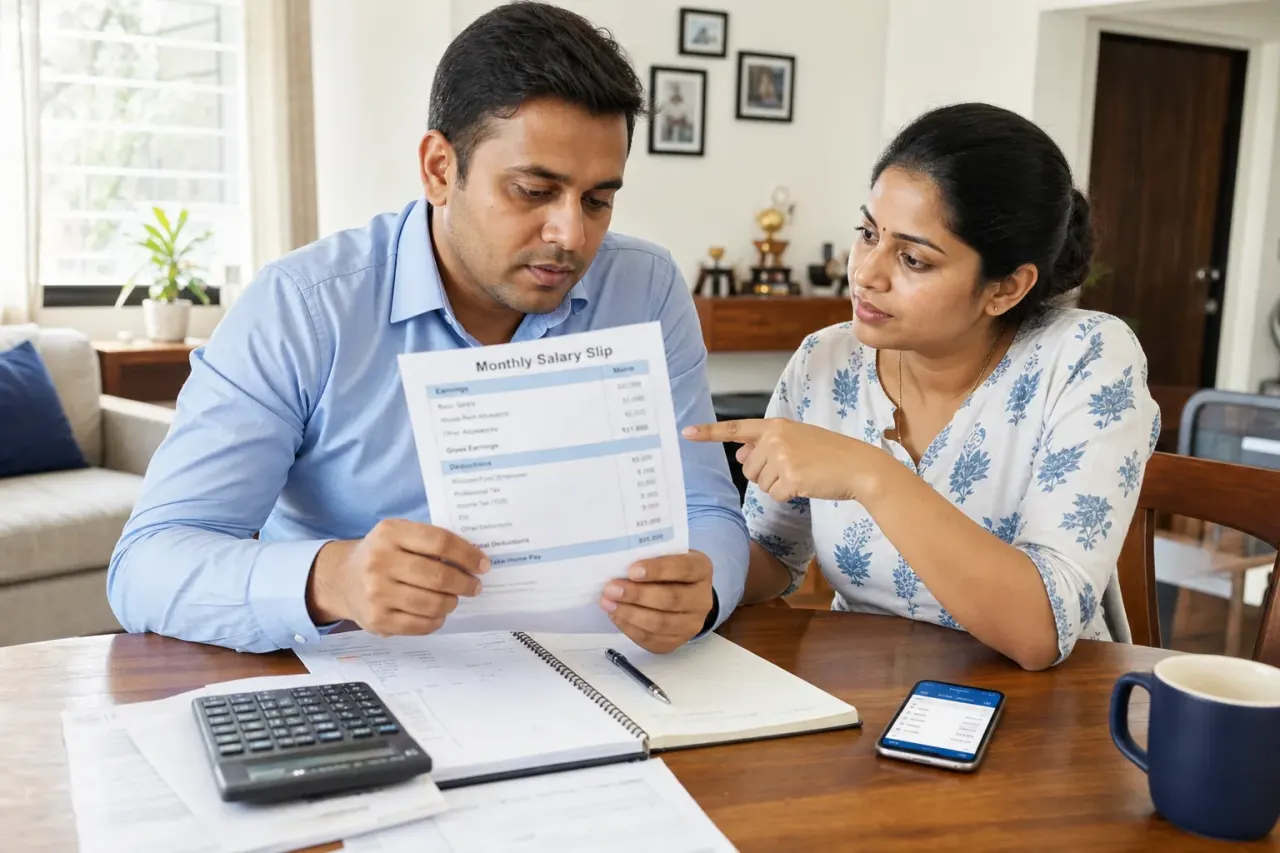 Indian couple reviewing a salary slip and household budget