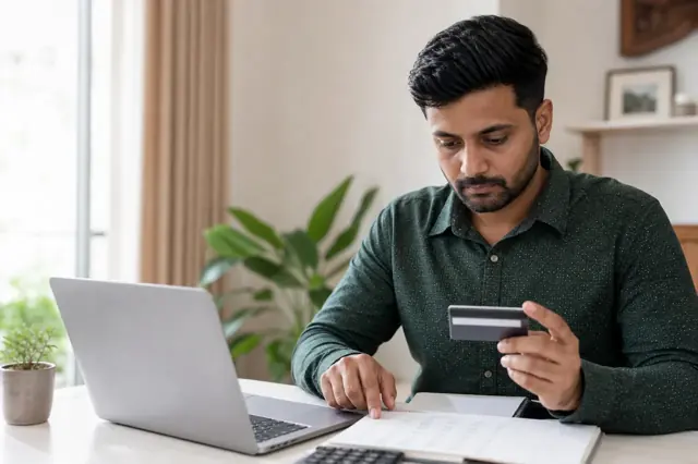 Indian consumer reviewing co-branded credit card features and monthly spending