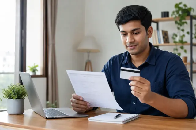 Indian consumer reviewing entry-level credit card features and monthly spending