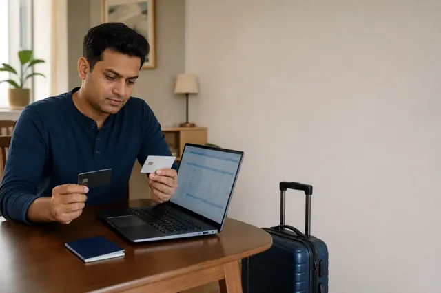 Indian consumer reviewing forex credit card features and monthly spending