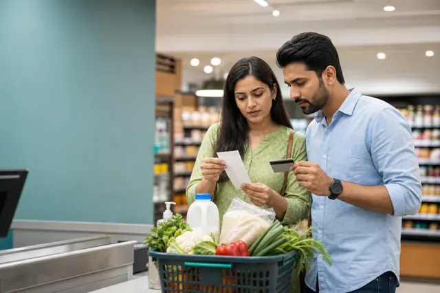 Indian consumer reviewing grocery credit card features and monthly spending
