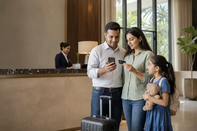 Indian consumer reviewing hotel credit card features and monthly spending