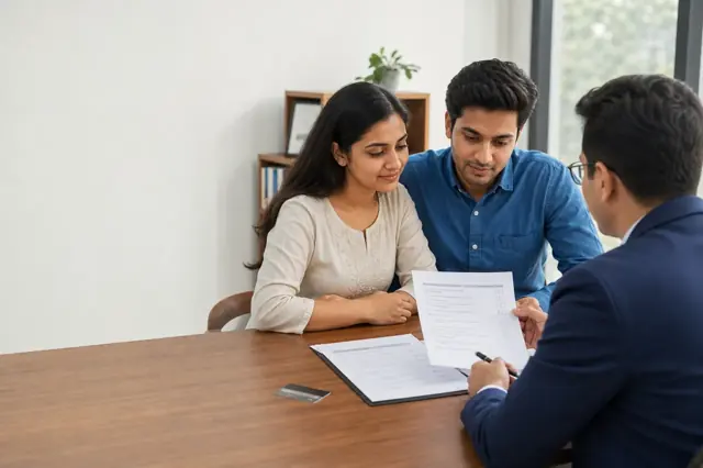 Indian consumer reviewing insurance benefit credit card features and monthly spending