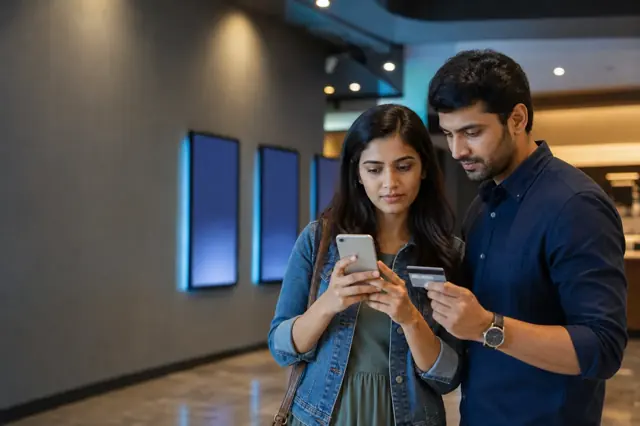 Indian consumer reviewing movie benefits credit card features and monthly spending