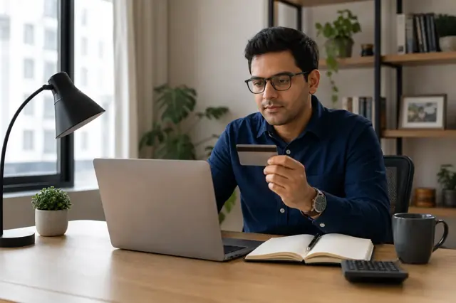 Indian consumer reviewing rewards credit card features and monthly spending