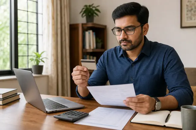 Indian consumer reviewing secured credit card features and monthly spending