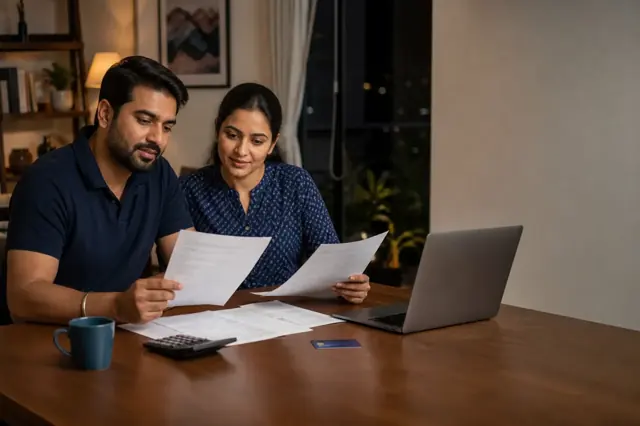 Indian consumer reviewing utility bill credit card features and monthly spending