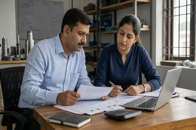 Indian business owner reviewing trade bills and payment dates