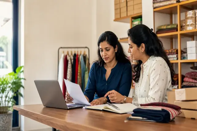 Indian small-business owner reviewing expansion costs and finance