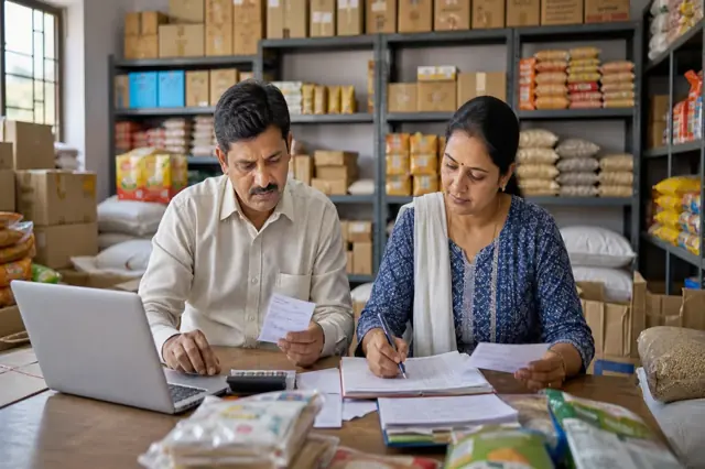 Indian business owner reviewing stock finance and cash-credit usage