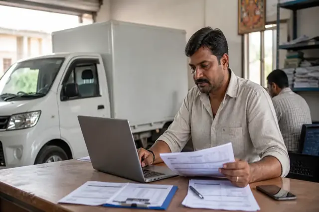 Indian transport business owner reviewing commercial vehicle finance