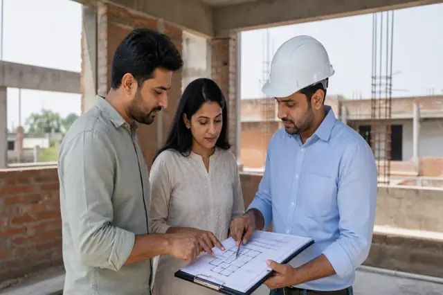 Indian homeowners reviewing house construction plans and staged project costs