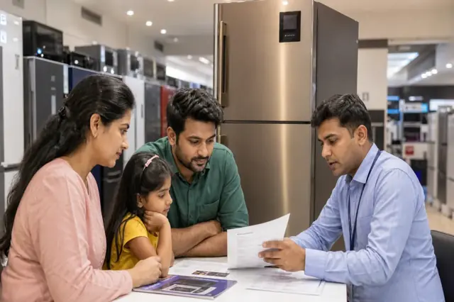 Indian family comparing appliance costs and instalment options