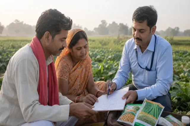 Indian farmer planning crop inputs and harvest-linked repayment