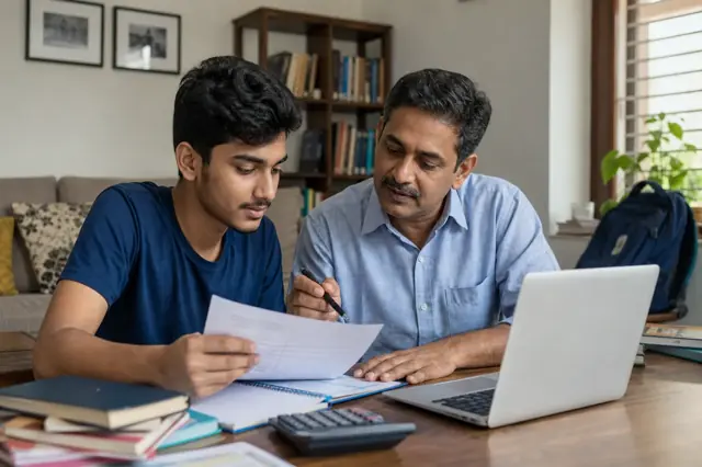 Indian student and parent reviewing higher-education expenses