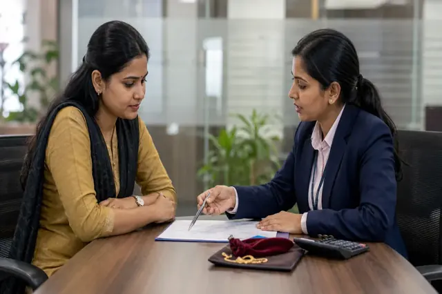 Indian customer reviewing jewellery valuation and gold-loan documents