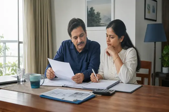 Indian property owner reviewing secured borrowing documents