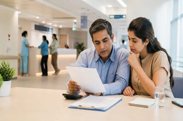 Indian family reviewing healthcare expenses and financial documents
