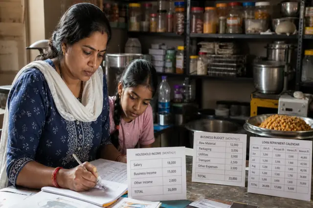 Indian household reviewing a small loan and repayment budget