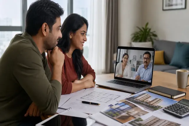 Non-resident Indian family reviewing Indian home-purchase documents