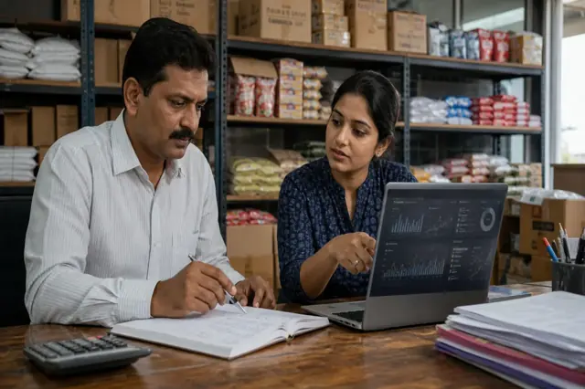 Indian entrepreneur reviewing account cash flow and overdraft borrowing