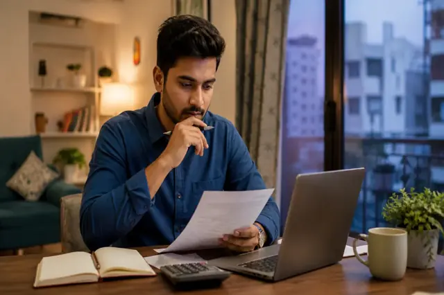 Indian professional reviewing personal expenses and borrowing options