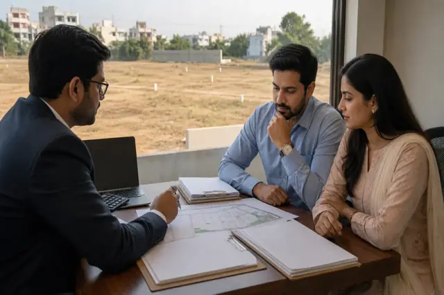 Indian couple evaluating a residential plot and land-purchase documents