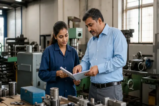 Indian self-employed entrepreneur reviewing a small-enterprise project report