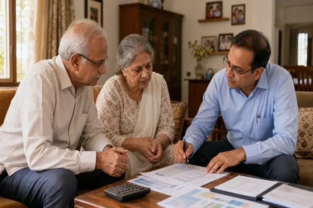 Older Indian homeowners discussing retirement finance linked to their home