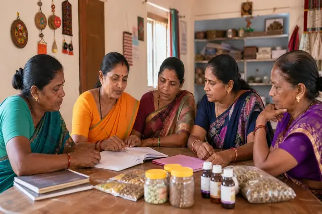 Indian self-help group members reviewing savings and borrowing records